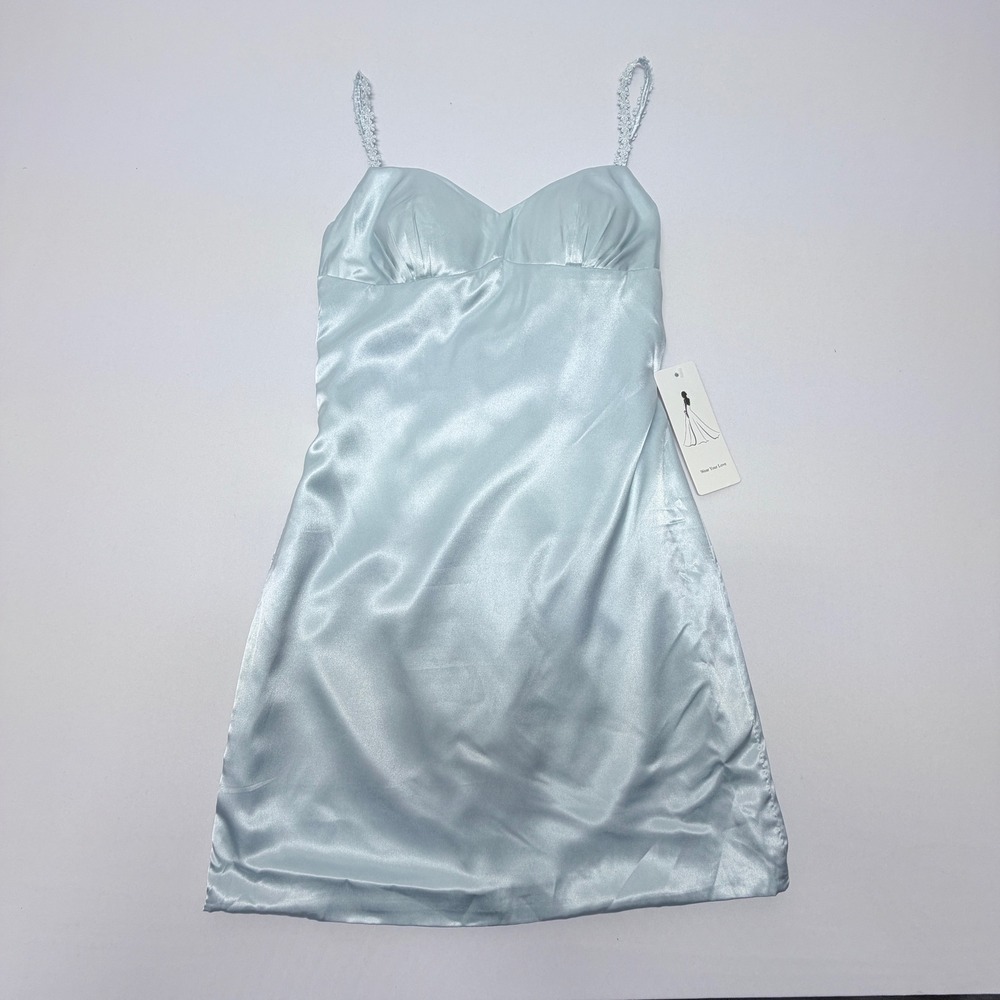Wear Your Love Light Blue Satin Corset Back Mini Dress Lace Straps Sweetheart